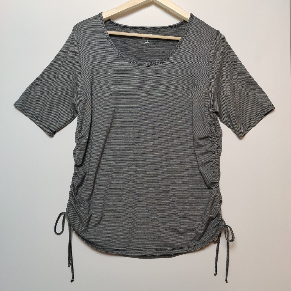 Lands End Micro Stripe Ruched Side Drawstring Top Black White XL